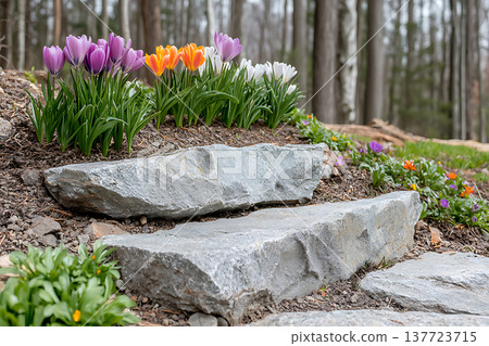 Colorful Tulips Blooming on Stone Steps in a Serene Garden Surrounded by Trees 137723715