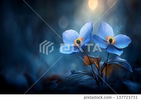 Delicate Blue Flowers in Atmospheric Setting with Soft Light and Gentle Blur Effect 137723731
