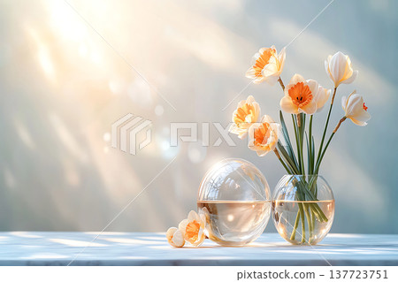 Delicate Spring Flowers in Elegant Glass Vases on Sunlit Table Surface with Soft Background Delicate Spring Flowers in Elegant Glass Vases on Sunlit Table Surface with Soft Background 137723751