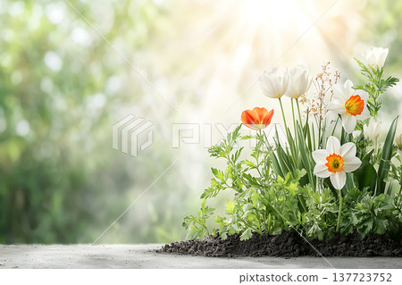 Beautiful Blooming Spring Flowers with Fresh Green Leaves and Soft Sunlight Background Beautiful Blooming Spring Flowers with Fresh Green Leaves and Soft Sunlight Background 137723752