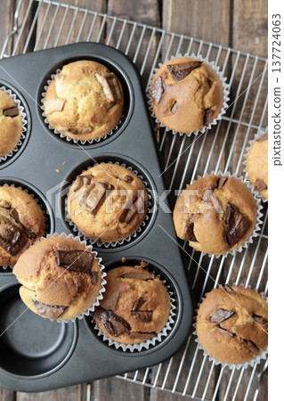 Freshly baked homemade chocolate chunk muffins (muffins made with pancake mix) 137724063
