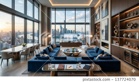 一張高層公寓大樓內豪華客廳的圖片。 137724070