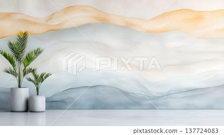 Soft Abstract Wallpaper Design with Gentle Waves and Minimalist Plant Arrangement 137724083