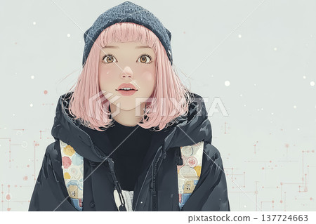 艾米系列：粉紅色頭髮的年輕女子，戴著針織帽，穿著羽絨外套。冬季艾米系列插畫素材。 137724663