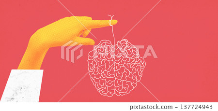 A human hand with a brain on a colored background. Collage art. Psychologists hand cradling a brain 137724943