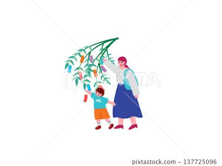 一幅插圖，描繪了一位家長和孩子在紙條上寫下願望的情景。 137725096