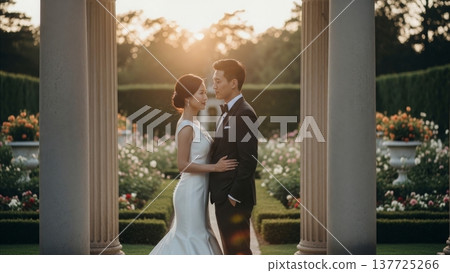 Wedding - Elegant Asian Couple Posing in Formal Attire at Sunset Garden with Stone Columns and Roses 137725266