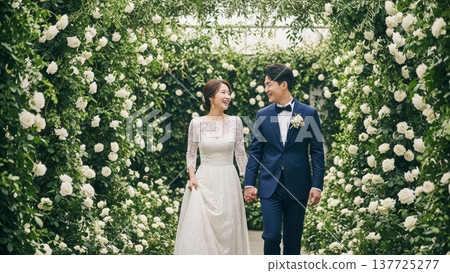 Wedding - Happy Korean Couple Walking Hand in Hand Through White Rose Garden Arch in Lace Bridal Gown and Blue Suit Wedding - Happy Korean Couple Walking Hand in Hand Through White Rose Garden Arch in Lace Bridal Gown and Blue Suit 137725277