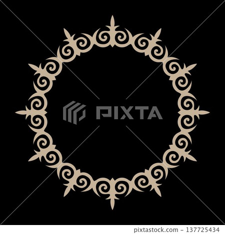Central East circle frame with Turk geometric ornament. Vector ornament reflects Kazakh, Kyrgyz, Uzbek, Tatar ethnic embroidery. For decoration, felt crafts, Asian design, Ottoman carpet, or invitatio Central East circle frame with Turk geometric ornament. Vector ornament reflects Kazakh, Kyrgyz, Uzbek, Tatar ethnic embroidery. For decoration, felt crafts, Asian design, Ottoman carpet, or invitatio 137725434