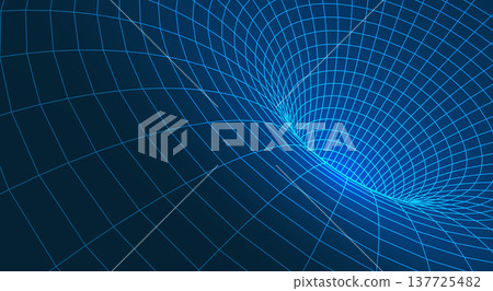 Abstract 3D wireframe mesh tunnel with digital network grid and blue neon glowing perspective for technology, science, and space wormhole design, futuristic structure vector illustration. 137725482
