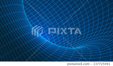 Futuristic AI neural network tunnel with 3D wireframe mesh and neon glowing geometric grid lines representing machine learning and digital mind, science vector illustration. 137725491