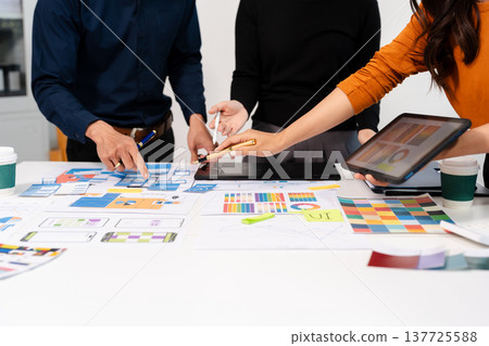 developer team brainstorming on their project with laptop, smartphone and digital tablet. 137725588