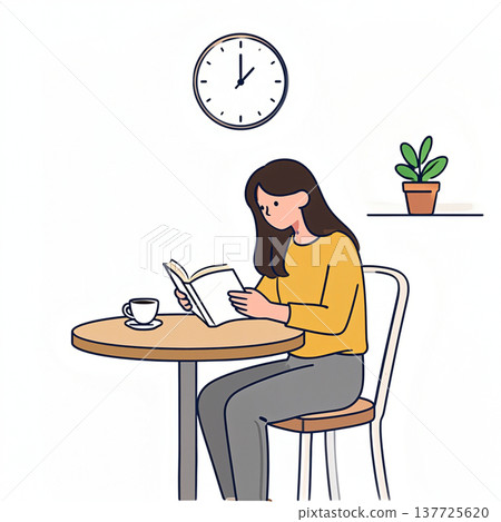Illustration of a woman reading while drinking coffee 137725620