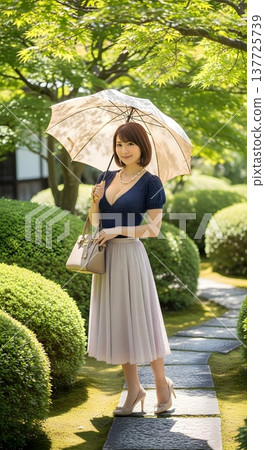 一位女士撐著陽傘站立。 137725739