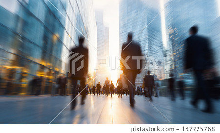 早上通勤人群穿過城市，以及辦公區的商業景象（動態模糊）。 137725768