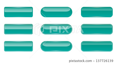 Turquoise glossy vector web button set. Blank teal UI elements with glass effect and metallic borders. Collection of rectangular and rounded rectangular shapes for web design isolated on white. Turquoise glossy vector web button set. Blank teal UI elements with glass effect and metallic borders. Collection of rectangular and rounded rectangular shapes for web design isolated on white. 137726139