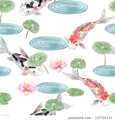 Seamless koi fish watercolor pattern with lotus flowers, lily pads, water ripples. Japanese carp, repeating pond background isolated on white for textile, wallpaper, wrapping, packaging, design 137726145