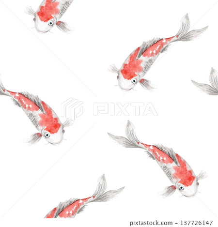 Seamless koi fish pattern, Japanese carp swimming, oriental pond style. Watercolor illustration isolated on white, repeating nature background for textile, wallpaper, packaging, wrapping paper, design 137726147