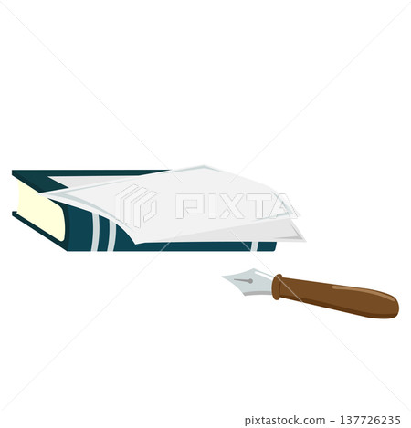 An illustration of a fountain pen and a piece of paper placed on top of a book. 137726235