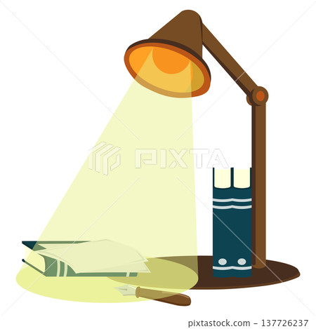 閱讀空間的插圖，包括檯燈、書籍和鋼筆。 137726237