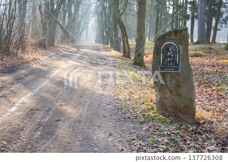 Road with stones of czech saints. Way of pilgrims to chapel of Petrohrad, Czech republic Road with stones of czech saints. Way of pilgrims to chapel of Petrohrad, Czech republic 137726308