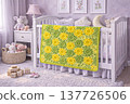 A knitted throw with a floral pattern on a sofa in a bright living room. AI 137726506