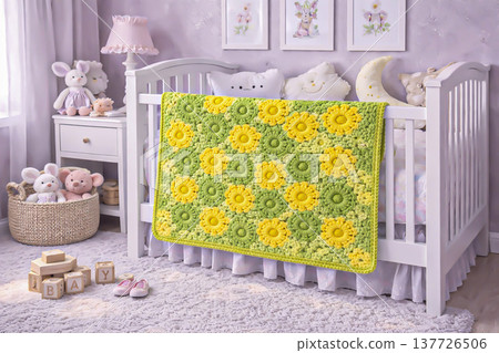 A knitted throw with a floral pattern on a sofa in a bright living room. AI 137726506