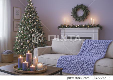 A knitted throw with a floral pattern on a sofa in a bright living room. AI 137726508