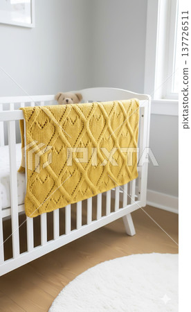 A knitted throw with a floral pattern on a sofa in a bright living room. AI 137726511