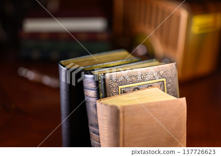 A row of books with old bindings A row of books with old bindings 137726623