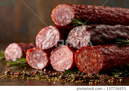 Smoked and dry cured sausages on a old wooden table. 137726855
