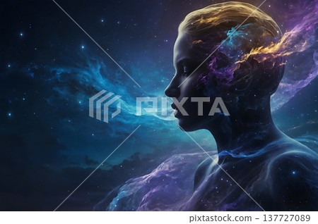 Human head silhouette with cosmic universe and stars 137727089