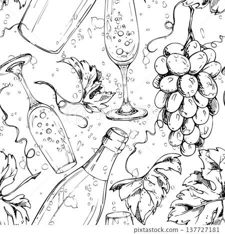 Champagne bottles, sparkling wine bubbles in flute glasses, grape bunches, leaves and tendrils. Seamless pattern hand drawn ink vector illustration. Wallpaper, menus, wrapping packaging backgrounds. 137727181