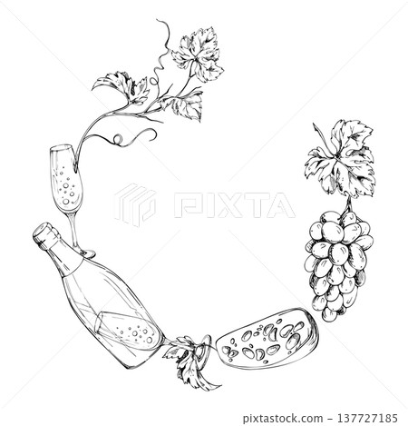 Circular wreath of champagne bottle, flute glass, cheese, grape clusters and leaves on grapevine hand drawn in ink linework. Vector illustration. Winery logos, tasting events, branding materials. 137727185