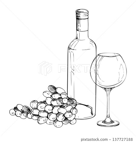 Vintage composition with long neck wine bottle, balloon glass and grape berries bunch. Clean isolated ink vector illustration hand drawn for winery logos, wine shop decor, labels, marketing materials. 137727188