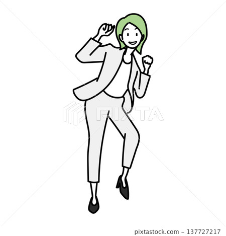 圖:一位身著職業套裝的女商人做出勝利的手勢。 圖:一位身著職業套裝的女商人做出勝利的手勢。 137727217