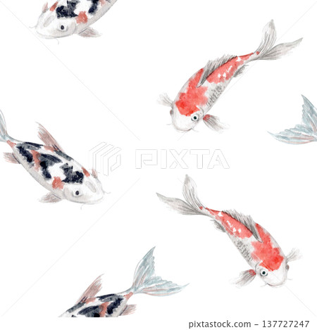Seamless koi fish pattern with Japanese carp in red, black and white colors. Watercolor illustration isolated on white, repeating background for textile, wallpaper, wrapping paper, packaging, design 137727247