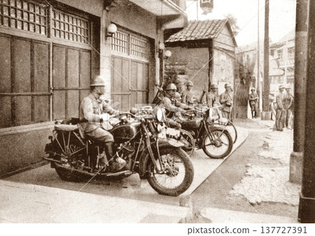 Old photo of Japanese Army on motorcycle in Shanghai during the Sino-Japanese War in 1937 Old photo of Japanese Army on motorcycle in Shanghai during the Sino-Japanese War in 1937 137727391