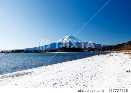 早春時節，從河口湖畔的河口湖大石公園眺望富士山。 137727568