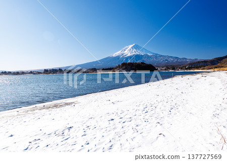 早春時節，從河口湖畔的河口湖大石公園眺望富士山。 137727569