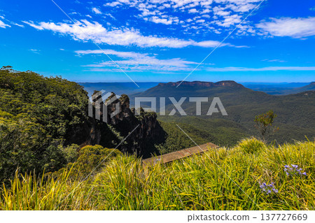 Iconic view of the Three Sisters rock formation and Jamison Valley from Echo Point lookout in the Blue Mountains, New South Wales, Australia, with sandstone cliffs and expansive valley landscape. 137727669