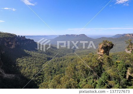 Iconic view of the Three Sisters rock formation and Jamison Valley from Echo Point lookout in the Blue Mountains, New South Wales, Australia, with sandstone cliffs and expansive valley landscape. 137727673