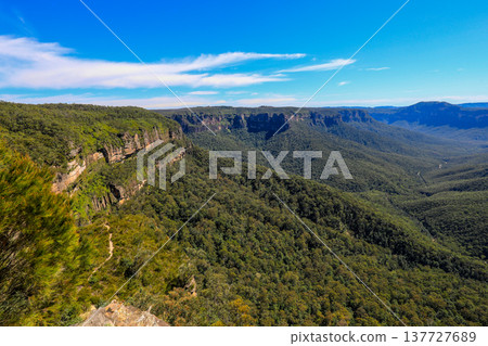 Scenic view across the Blue Mountains landscape from Evans Lookout in Blackheath, New South Wales, Australia, overlooking the Grose Valley with cliffs, forest and expansive mountain scenery. 137727689