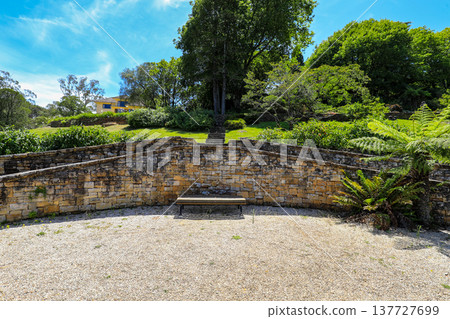 Scenic view across Everglades Gardens in the Blue Mountains of New South Wales, Australia, showing landscaped gardens, pathways and surrounding mountain scenery. Scenic view across Everglades Gardens in the Blue Mountains of New South Wales, Australia, showing landscaped gardens, pathways and surrounding mountain scenery. 137727699
