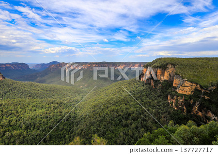 Sunrise light illuminating the Grose Valley viewed from Govetts Leap Lookout in the Blue Mountains of New South Wales, Australia, with cliffs, forested valley and morning sky. 137727717