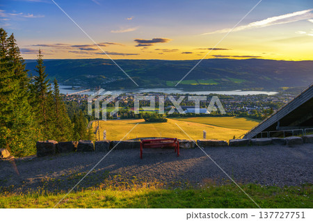 Summer Sunset over Lillehammer and Lake Mjosa, Norway Summer Sunset over Lillehammer and Lake Mjosa, Norway 137727751