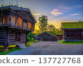 Sunset Over Historic Wooden Houses in Maihaugen, Lillehammer, Norway 137727768