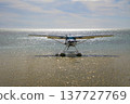 Single-Engine Seaplane on Calm Sea off Beach in Mauritius, Africa 137727769