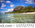 Tropical beach with boats, palm trees, and Le Morne Brabant mountain, Mauritius 137727772