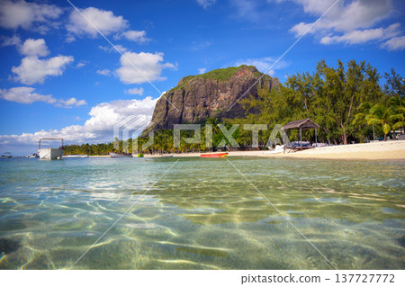 Tropical beach with boats, palm trees, and Le Morne Brabant mountain, Mauritius 137727772